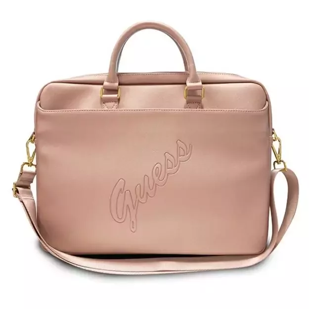 Guess Saffiano Script 16&quot  Laptop Bag - Pink