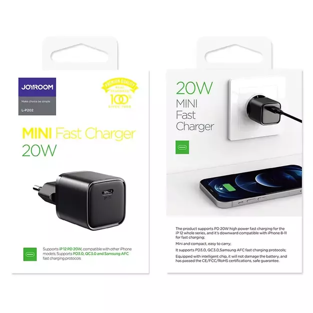 Joyroom fast wall charger USB Type C 20W Power Delivery Quick Charge 3.0 AFC black (L-P202) 4