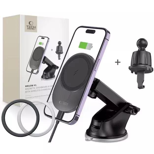 Tech-Protect MM15W-V1 Car Phone Holder with MagSafe 15W Wireless Charger for Cockpit/Air Vent - Black