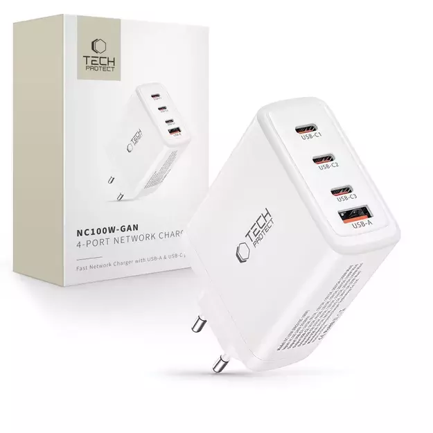 Tech-Protect NC100W-GAN charger GaN 3x USB-C PD 100W / USB-A QC 3.0 - white