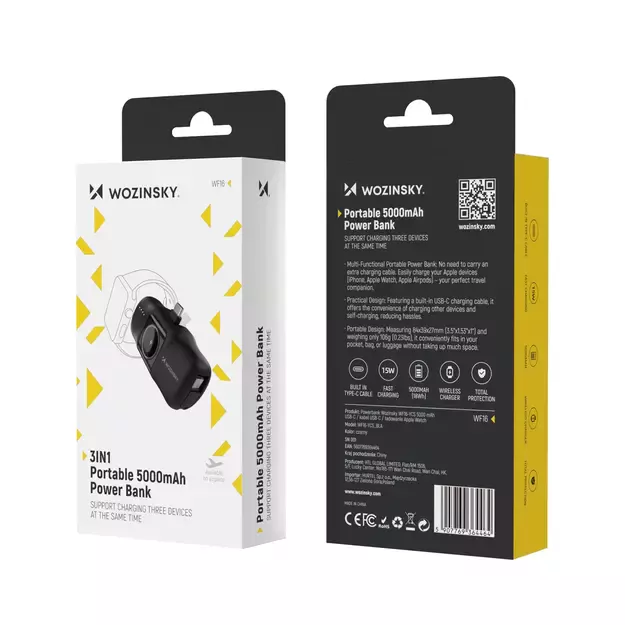 Wozinsky WF16-YCS 5000mAh 15W USB-C Mini Power Bank with Built-in USB-C Cable and Apple Watch Charger - Black 19