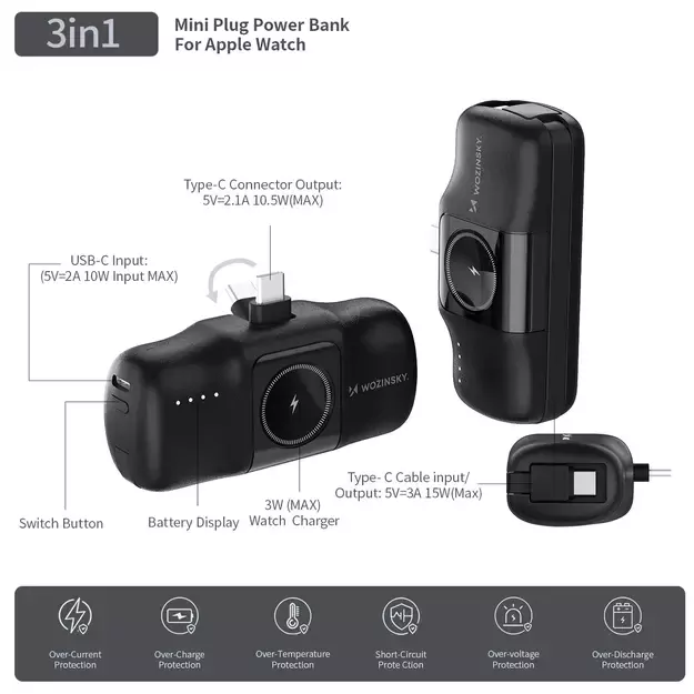 Wozinsky WF16-YCS 5000mAh 15W USB-C Mini Power Bank with Built-in USB-C Cable and Apple Watch Charger - Black 25