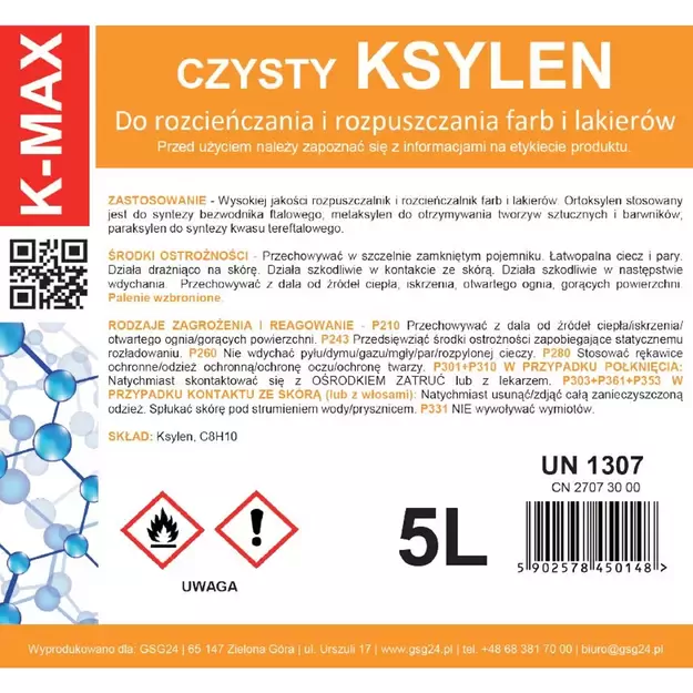 Xylene solvent organic thinner for paints and varnishes K-MAX 5L 1