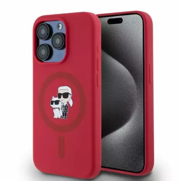Karl Lagerfeld Silicone Karl&amp Choupette Heads Ring MagSafe Case for iPhone 15 Pro - Red