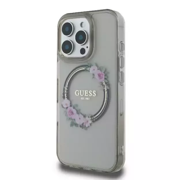 Guess IML Flowers Wreath MagSafe iPhone 16 Pro Case - Black 8