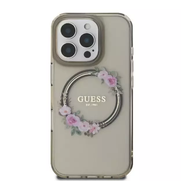 Guess IML Flowers Wreath MagSafe iPhone 16 Pro Case - Black 9