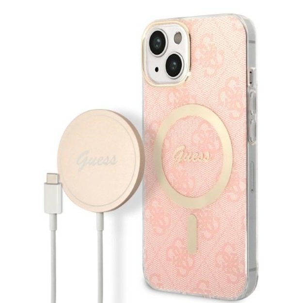 Set Guess GUBPP14MH4EACSP Case+ Charger iPhone 14 Plus 6.7  pink/pink hard case 4G Print MagSafe