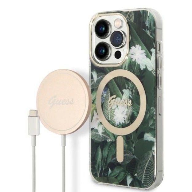 Set Guess GUBPP14XHJEACSA Case+ Charger iPhone 14 Pro Max 6.7  green/green hard case Jungle MagSafe