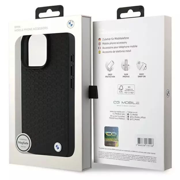 BMW Signature Leather Diamond Metal Logo MagSafe Case for iPhone 16 Pro Max - Black 14