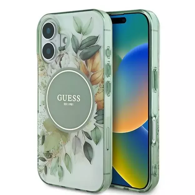 Guess IML Flower &amp  Tonal Circle MagSafe case for iPhone 16 Plus - green