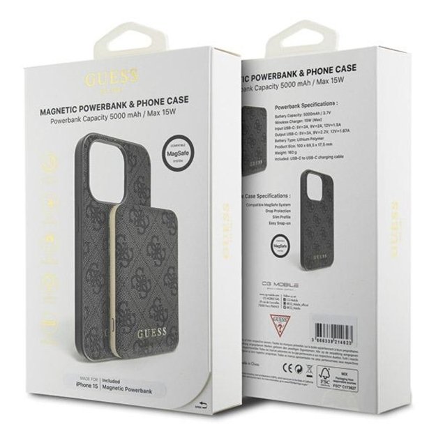 Guess 4G Metal Logo case set for iPhone 15 + 5000mAh MagSafe power bank - black 10