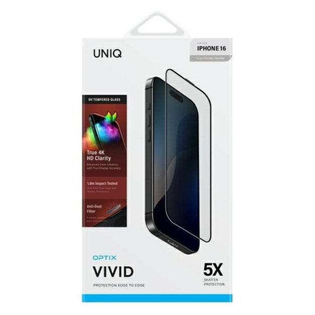 Uniq Optix Vivid tempered glass with applicator for iPhone 16 1