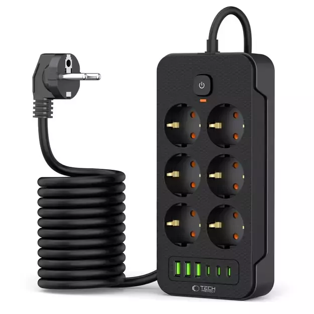 Tech-Protect PC6X6 Power Strip 6 Sockets 240V + 3xUSB-A + 3xUSB-C 200cm - Black 6