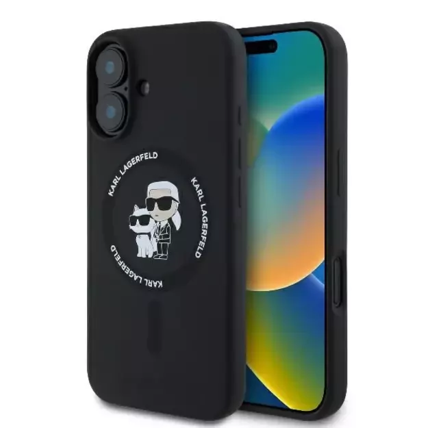 Karl Lagerfeld Silicone Karl&amp Choupette Heads Ring MagSafe Case for iPhone 16 Plus - Black