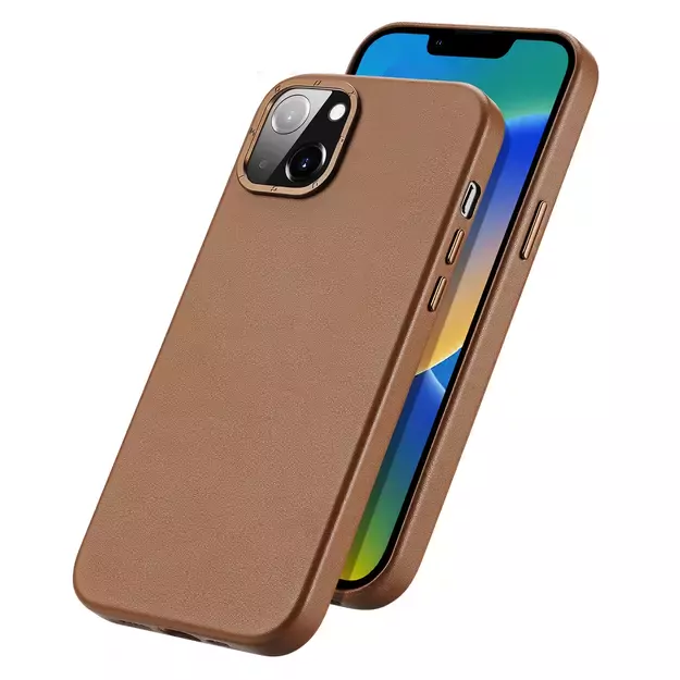 Dux Ducis Grit Leather Case for iPhone 14 Elegant Faux Leather Cover (MagSafe Compatible) Brown 1