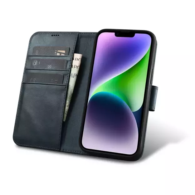 iCarer Oil Wax Wallet Case 2in1 Case iPhone 14 Anti-RFID Leather Flip Case Blue (WMI14220721-BU) 14