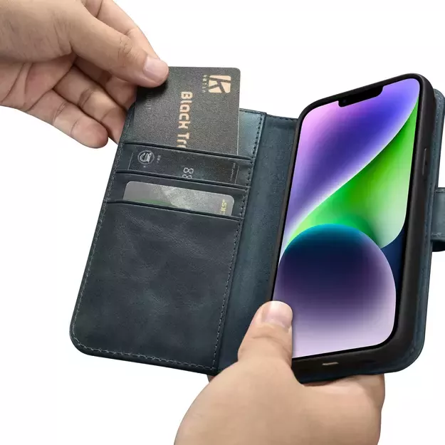 iCarer Oil Wax Wallet Case 2in1 Case iPhone 14 Anti-RFID Leather Flip Case Blue (WMI14220721-BU) 24