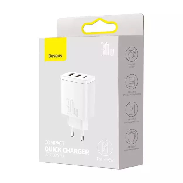 Baseus Compact fast charger 2x USB / USB Type C 30W 3A Power Delivery Quick Charge white (CCXJ-E02) 7