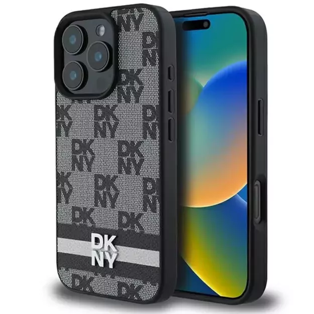 DKNY Checkered Pattern &amp  Printed Stripes case for iPhone 16 Pro Max - black