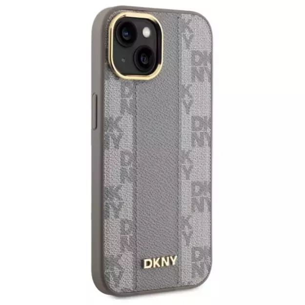 DKNY Leather Checkered Mono Pattern MagSafe iPhone 15 Plus Case - Beige 3