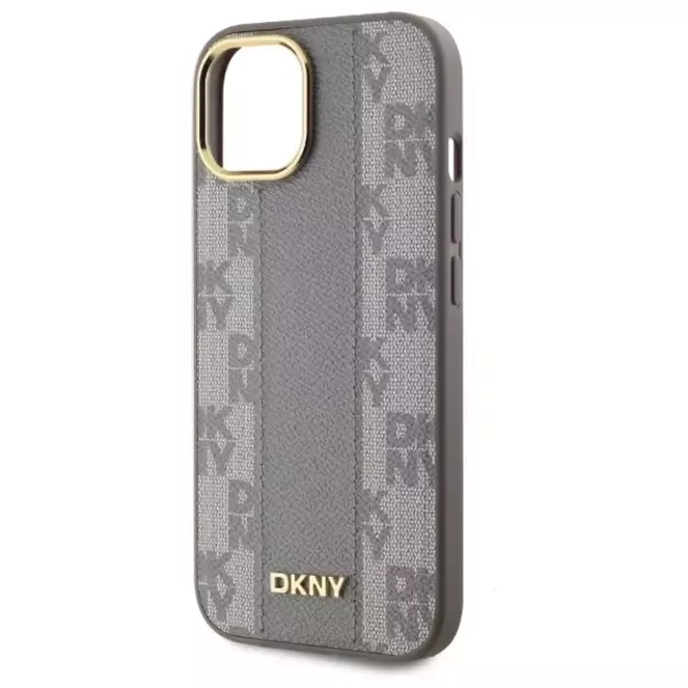 DKNY Leather Checkered Mono Pattern MagSafe iPhone 15 Plus Case - Beige 5
