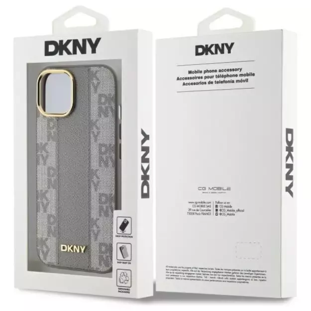 DKNY Leather Checkered Mono Pattern MagSafe iPhone 15 Plus Case - Beige 7