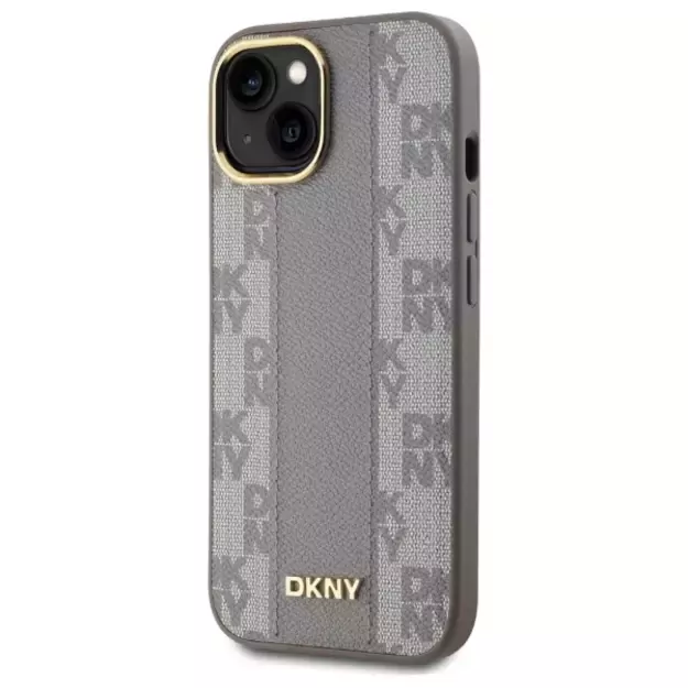 DKNY Leather Checkered Mono Pattern MagSafe iPhone 15 Plus Case - Beige 1