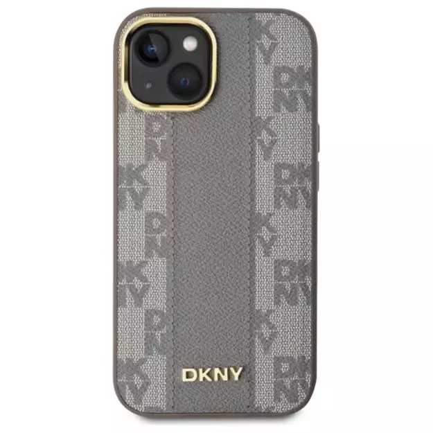 DKNY Leather Checkered Mono Pattern MagSafe iPhone 15 Plus Case - Beige 2