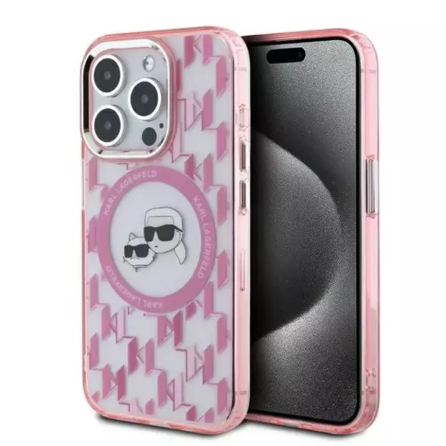 Karl Lagerfeld IML Monogram Karl &amp  Choupette Head MagSafe Case for iPhone 15 Pro Max - Pink