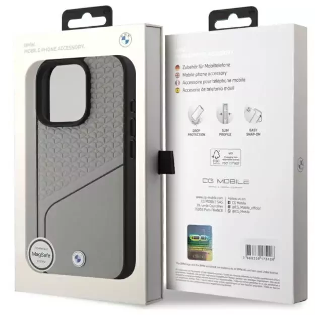 BMW Sign Leather Textured and Line MagSafe Case for iPhone 16 Pro Max - Gray 14