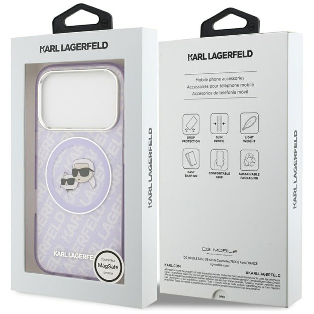 Karl Lagerfeld IML Glitter Karl &amp  Choupette Heads Logo MagSafe Case for iPhone 17 Pro - Purple 7