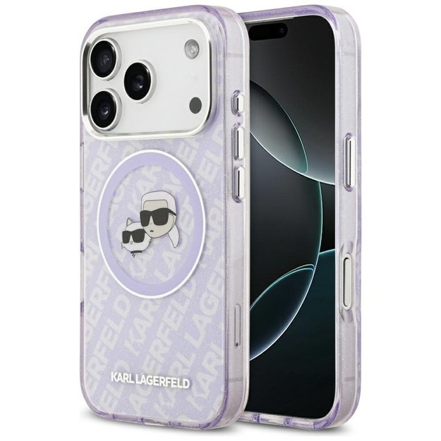 Karl Lagerfeld IML Glitter Karl &amp  Choupette Heads Logo MagSafe Case for iPhone 17 Pro - Purple