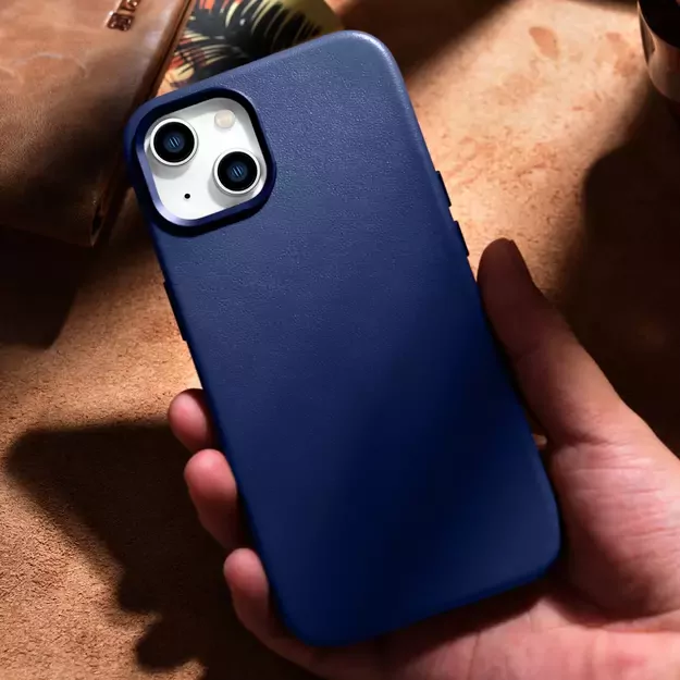 iCarer Case Leather cover for iPhone 14 Plus genuine leather case blue (compatible with MagSafe) 16