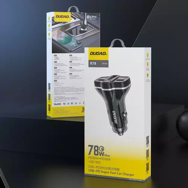 Dudao R78 78W Car Charger USB-C PD / 2xUSB-A QC - Black 2