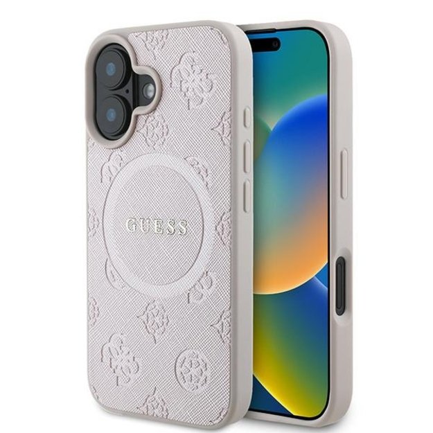 Guess Saffiano Peony Classic Logo MagSafe iPhone 16 Plus Case - Pink