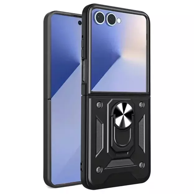 Hybrid Armor Camshield Armored Case with Stand and Camera Cover for Samsung Galaxy Z Flip 7 - Black