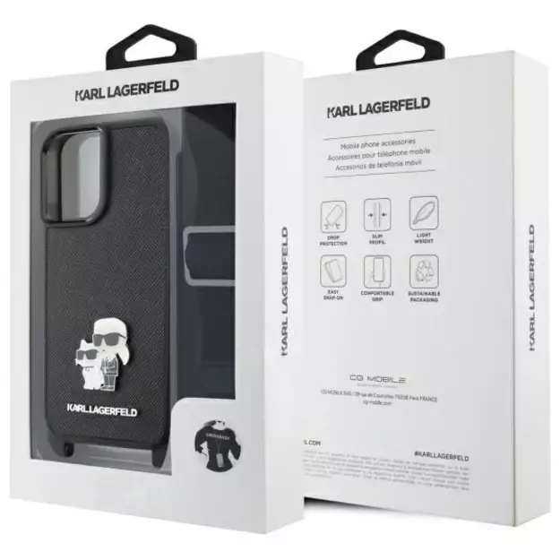 Karl Lagerfeld Saffiano Karl&amp Choupette Metal Pin CBDY Strap iPhone 16 Case - Black 10