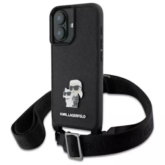 Karl Lagerfeld Saffiano Karl&amp Choupette Metal Pin CBDY Strap iPhone 16 Case - Black