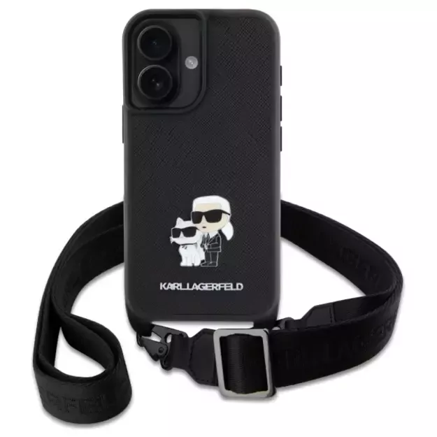 Karl Lagerfeld Saffiano Karl&amp Choupette Metal Pin CBDY Strap iPhone 16 Case - Black 6