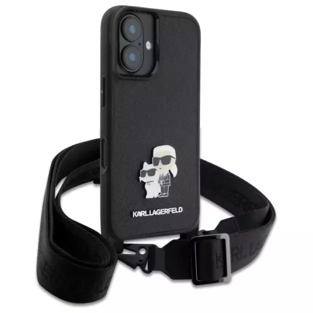 Karl Lagerfeld Saffiano Karl&amp Choupette Metal Pin CBDY Strap iPhone 16 Case - Black 7