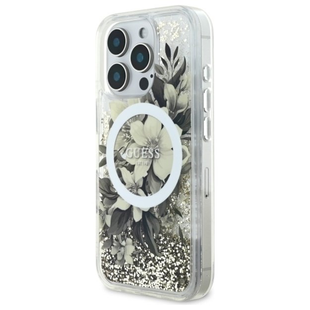 Guess Liquid Glitter Flower MagSafe iPhone 16 Pro Max Case - Beige 1