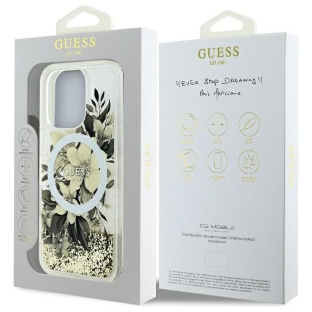 Guess Liquid Glitter Flower MagSafe iPhone 16 Pro Max Case - Beige 7
