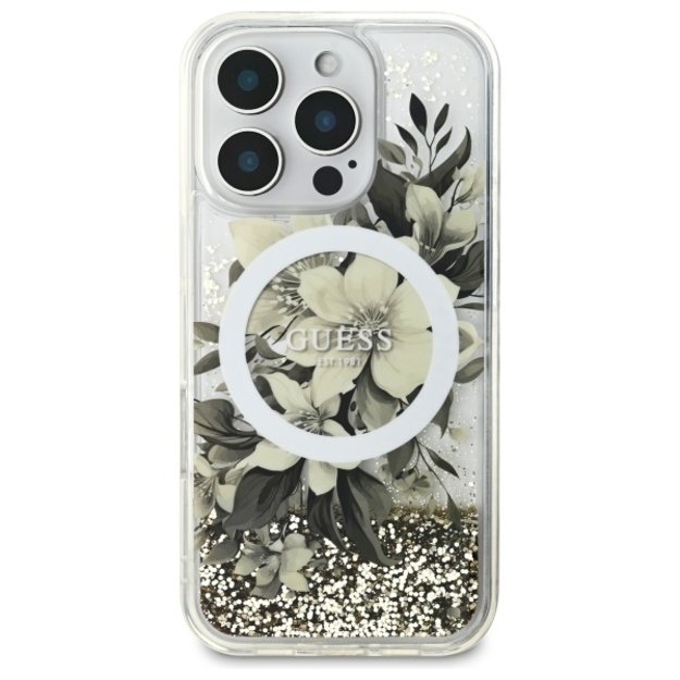 Guess Liquid Glitter Flower MagSafe iPhone 16 Pro Max Case - Beige 2