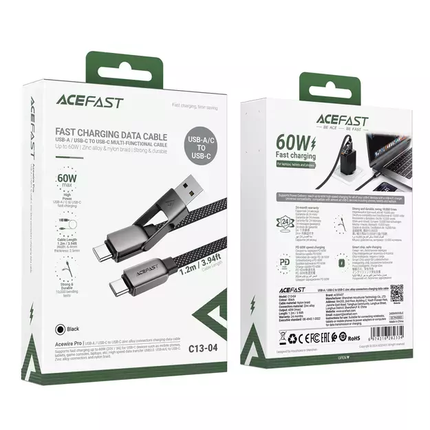 Acefast C13-04 USB-C - USB-A / USB-C Cable 480Mb/s 3A 1.2m - Black 12