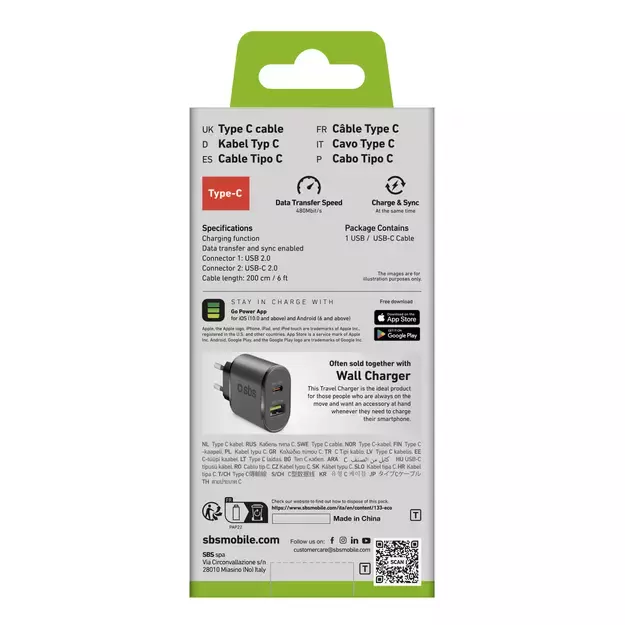 SBS TECABLETC220K USB-A - USB-C Cable 2 m - Black 1