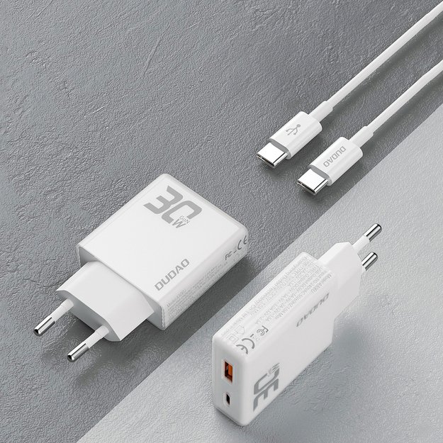 GaN Dudao A30EUT 30W USB-A / USB-C Wall Charger + USB-C - USB-C Cable - White 2