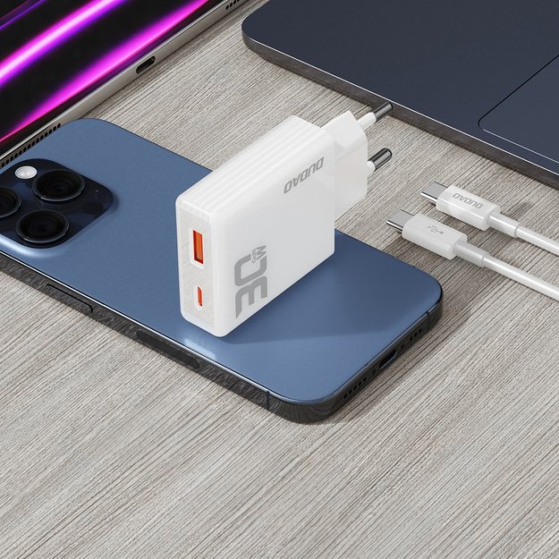 GaN Dudao A30EUT 30W USB-A / USB-C Wall Charger + USB-C - USB-C Cable - White 7