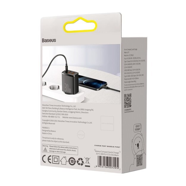 [AFTER RETURN] Baseus Compact quick charger 2x USB / USB Type C 30W 3A Power Delivery Quick Charge black (CCXJ-E01) 5