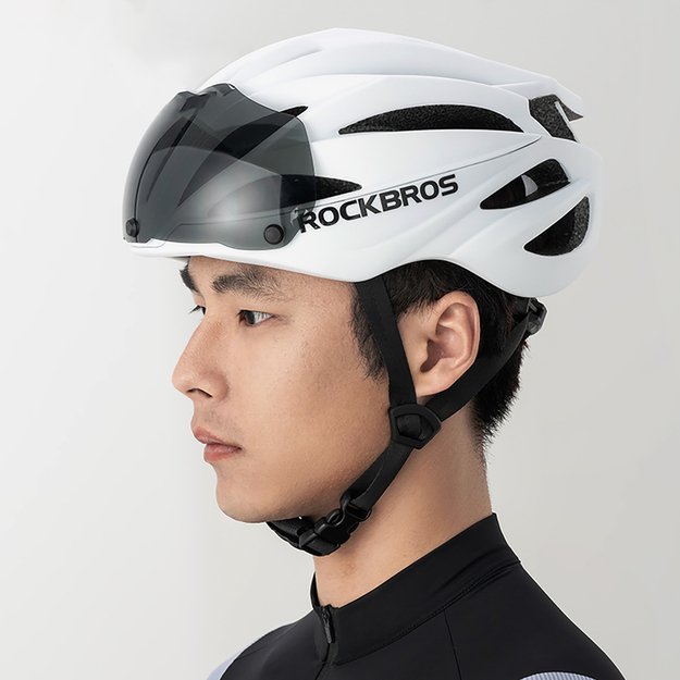 Rockbros Bike Helmet with Visor, Detachable UV Goggles, Unisex, Glossy - White 5