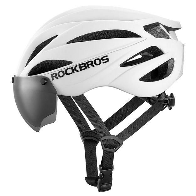 Rockbros Bike Helmet with Visor, Detachable UV Goggles, Unisex, Glossy - White 2